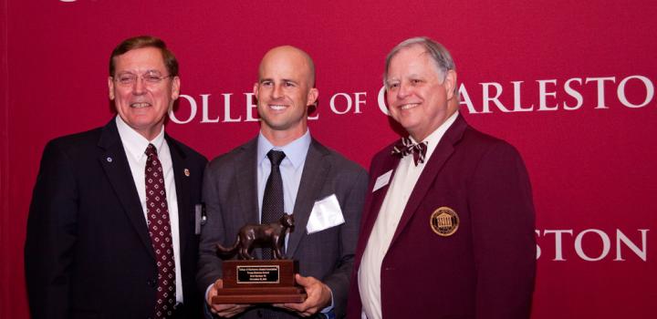 Brett Gardner (center) received the Young Alumnus of the Year award from College of Charleston president Glenn McConnell and Alumni Association president Daniel Ravenel.